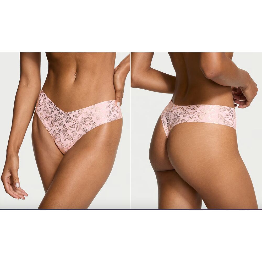 Victoria's Secret Women's Panties Size L Pink Gold No-Show Thong Butterfly